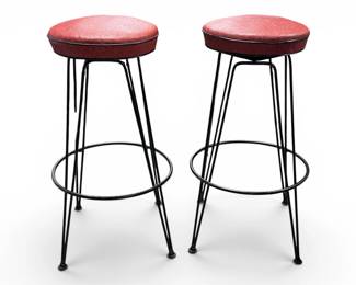 Pair of 1950s bar stools in textured red vinyl upholstery