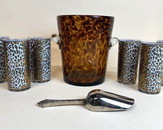 Set of 6 Cheetah print glasses and tortoise glass ice bucket