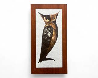 Mixed media portrait of an owl by SM Hanson on teak panel