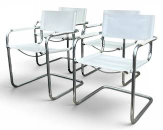 Marcel Breuer style set of 4 white leather and chrome frame armchairs