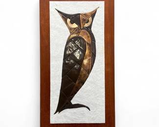 Mixed media portrait of an owl by SM Hanson on teak panel