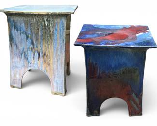 Two pottery drip glazed artesian made tables by NH artist, Eric O'Leary Stoneworks; sold 2x the money