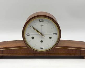 German Mid-Century walnut mantle clock; working!