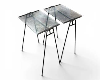 Pair of hairpin patio tables with glass tops attributed to Milo Baughman; sold 2x the money