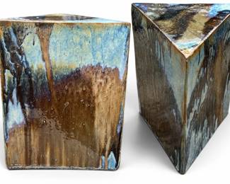 Two pottery drip glazed artesian made triangular stands by NH artist, Eric O'Leary Stoneworks; sold 2x the money