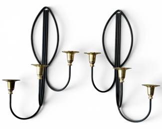 Pair of MCM iron and brass 3 light wall sconces