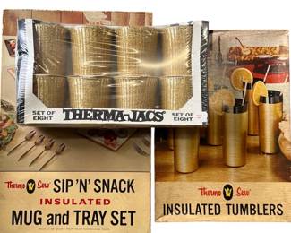 Vintage Therma Serv mug, tray set and insulated tumblers, insulated coasters