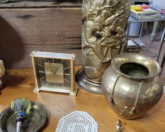 Brass umbrella stand, clock, vade