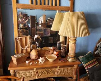 bamboo & wicker table, wood framed mirror