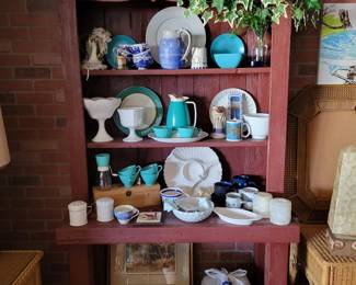 Red wood hutch, vintage blue dishes