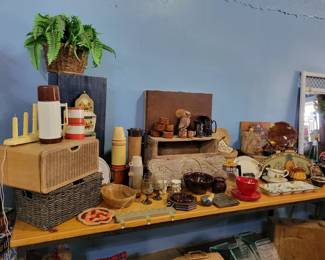 Vintage thermos, dishes, bread box