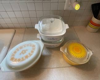 Pyrex Oval Butterfly Gold & Daisy Sunflower and Corning ware Blue Cornflower