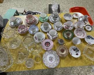 Tea Cups and vintage Glass serving pieces