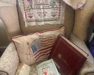 Wing back Chair with some antique needle work pieces 