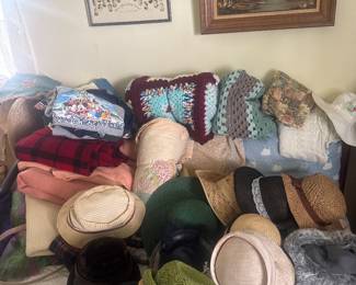 vintage hats, afghans, oil paintings 
