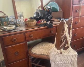 Antique hard rock maple vanity chest, chair, 