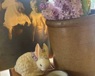 antique stoneware crock, bunnies, and babies 