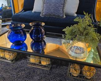 Pair of Cobalt Blue Glass Vases with Gold Rims