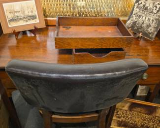 Antique Oak Roll-Top Desk with Leather Chair and Historical Photographs