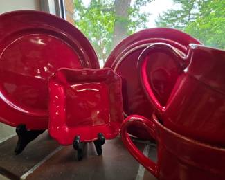 Red Ceramic Dinnerware Set - HomeVss Pearl Dots