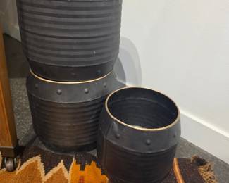 Set of Three Black Metal Planters with Gold Trim and Stud Detailing