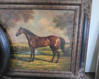 Vintage Horse Portrait Oil Painting in Ornate Frame