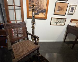Antique Carved Oak Armchair with Cane Seat and Back - Eastlake Style