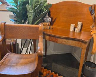Arts and Crafts Oak Armchair and Serpentine Front Writing Desk