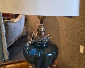 Victorian Style Blue Glass Table Lamp with Ornate Metal Base