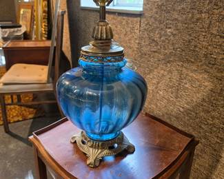 Hollywood Regency Blue Glass Table Lamp with Ornate Brass Base