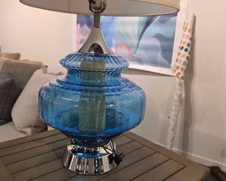 Mid-Century Modern Blue Glass Table Lamp with Ribbed Base