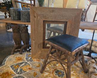 Rustic Twig Stool with Leather Seat