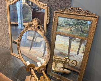 Pair of Ornate Giltwood Mirrors: Oval with Swag and Rectangular with Landscape Scene