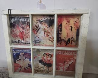 Vintage French Art Nouveau Poster Display in a Repurposed Window Frame