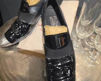 Salvatore Ferragamo Black Patent Leather and Silver Cap Toe Loafers