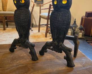 Antique Cast Iron Owl Fireplace Andirons with Amber Glass Eyes