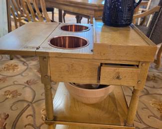 Vintage Oak Serving Cart with Copper Wells