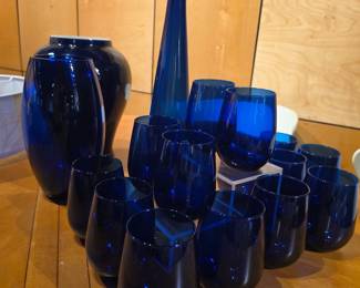 Cobalt Blue Glass Vase and Tumbler Set