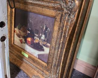Ornate Giltwood Frame with Still Life Painting of Fruit and Silverware