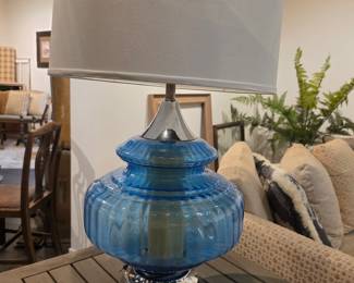 Mid-Century Cobalt Blue Ribbed Glass Table Lamp with Chrome Base