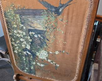 Victorian Aesthetic Movement Fire Screen with Painted Birds and Blossoms