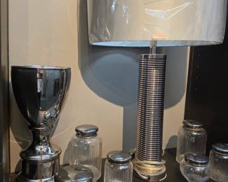 Mid-Century Modern Chrome and Glass Table Lamp with Matching Canisters