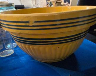Antique Yelloware Stoneware Mixing Bowl with Blue Bands and Ribbed Base