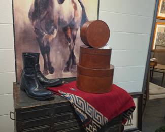 Vintage Leather Hat Boxes and Horse Painting