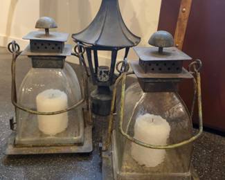 Vintage Metal and Glass Hurricane Lanterns with Candles (Pair)