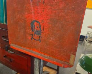 Vintage Red Painted Wooden Shoe Shine Box with Stenciled Portrait