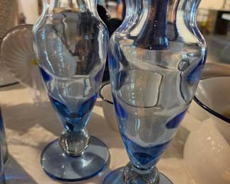 Pair of Blue Art Glass Vases with Pedestal Foot