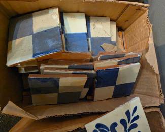 Vintage Blue and White Checkerboard & Floral Ceramic Tiles