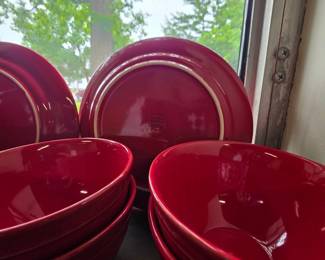 Portuguese Red Ceramic Dinner Plates and Bowls
