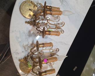 Vintage French Style Crystal and Brass Sconce Set